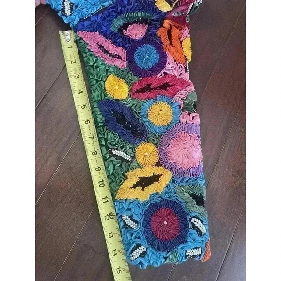 Vintage Silk Ribbon Boxy Bolero Jacket 90s Bead Embellished Flower Pearl Rainbow - Picture 12 of 14